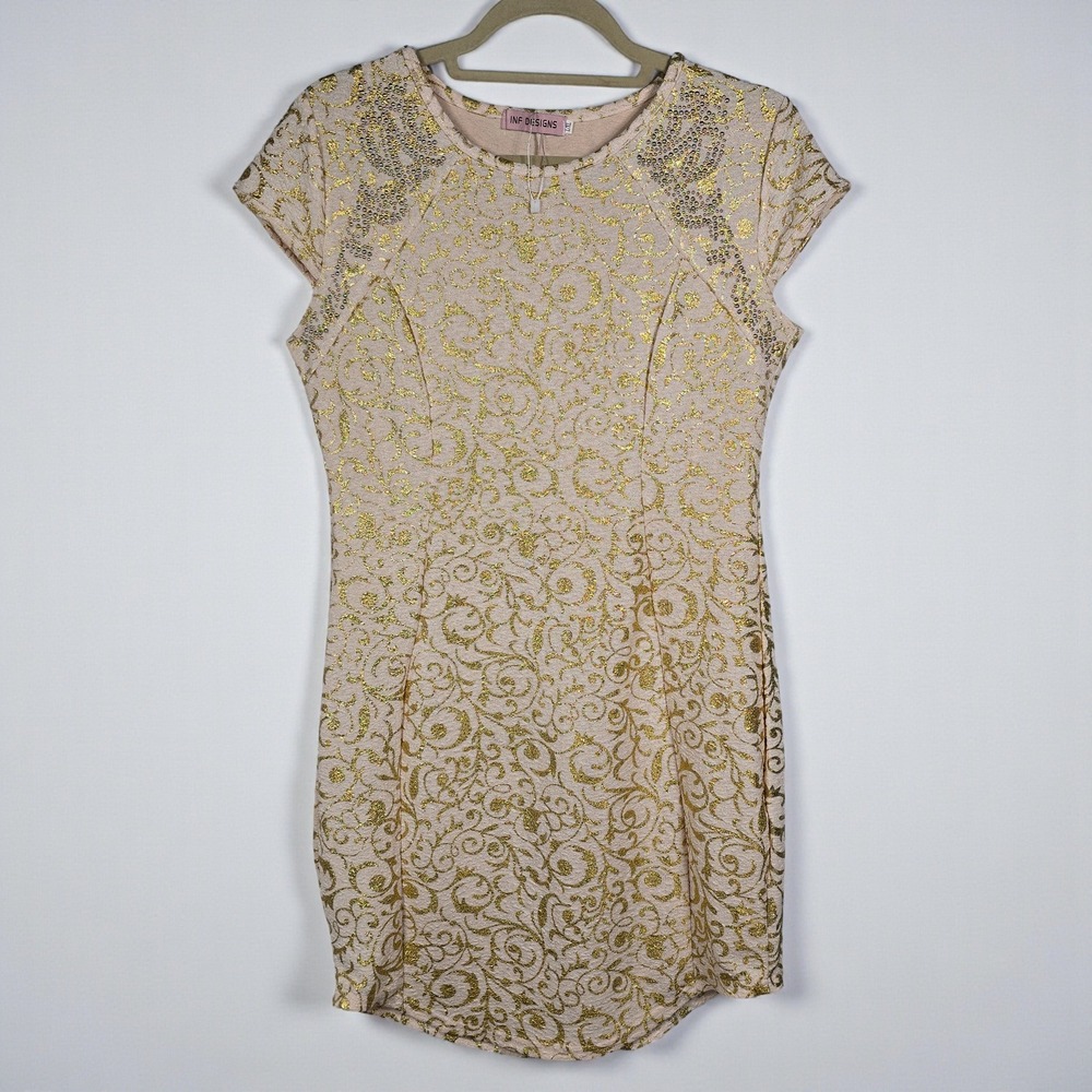 INF DESIGNS Dress Women L/XL Beige Gold Glitter‎ Swirl Embellished Short Sleeve